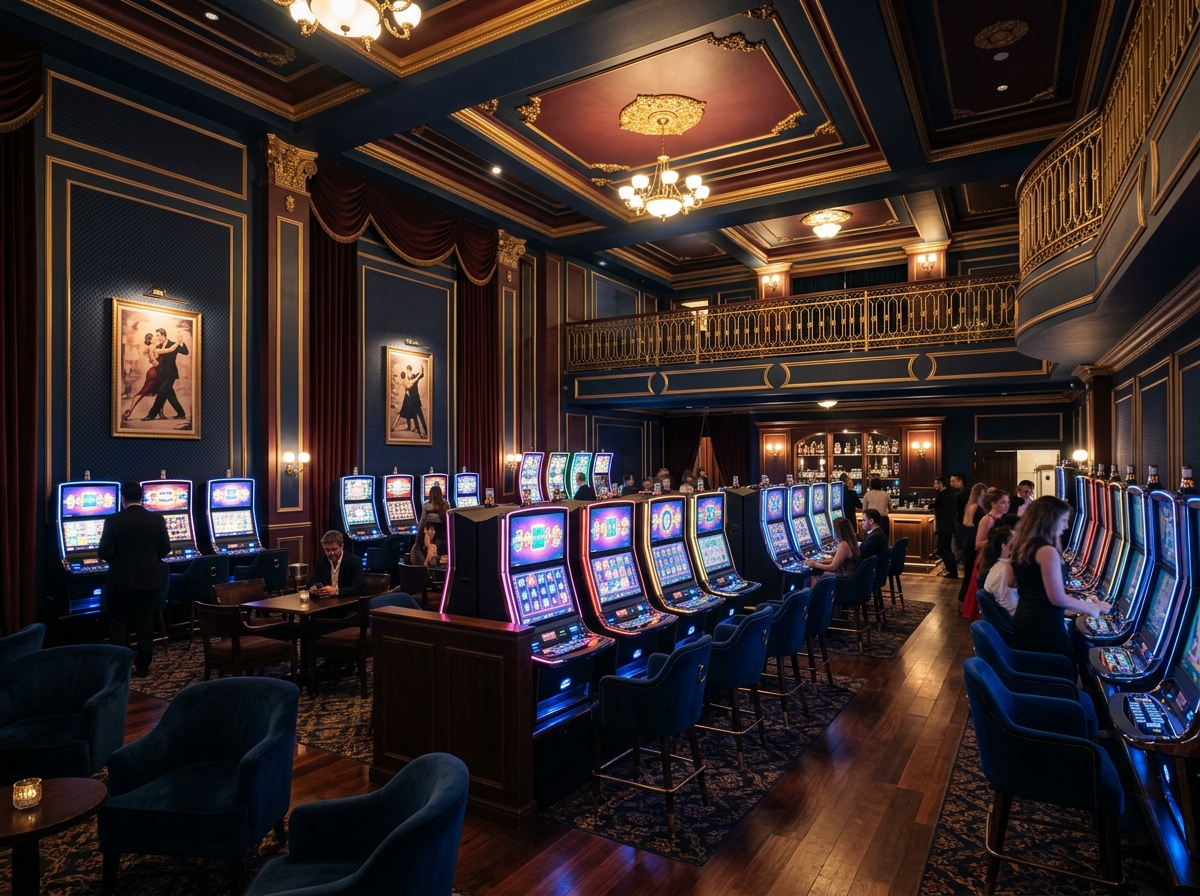 Stylish Argentine entertainment hall with modern slot machines and comfortable seating
