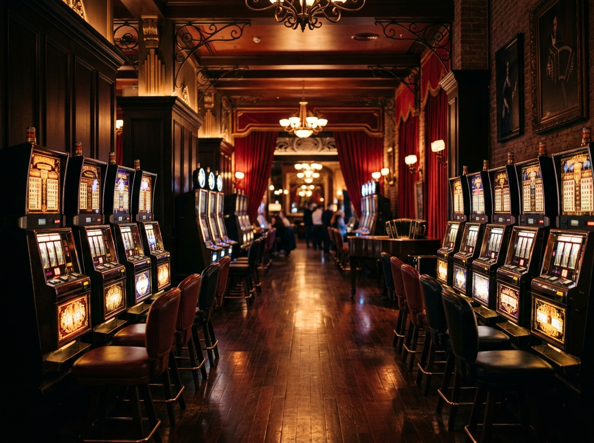 Elegant slot-machine gaming hall interior with warm red and gold lights