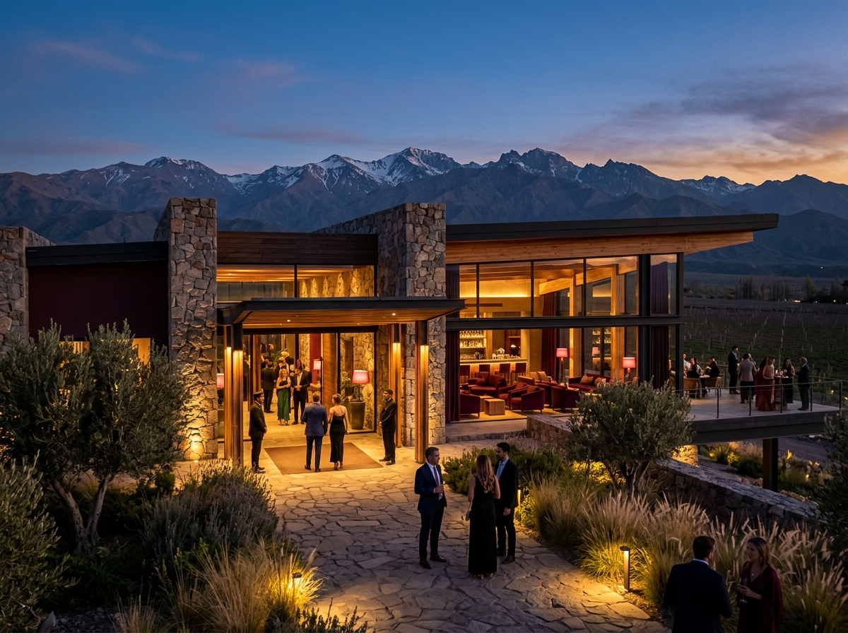 Elegant modern entertainment venue near Mendoza at dusk