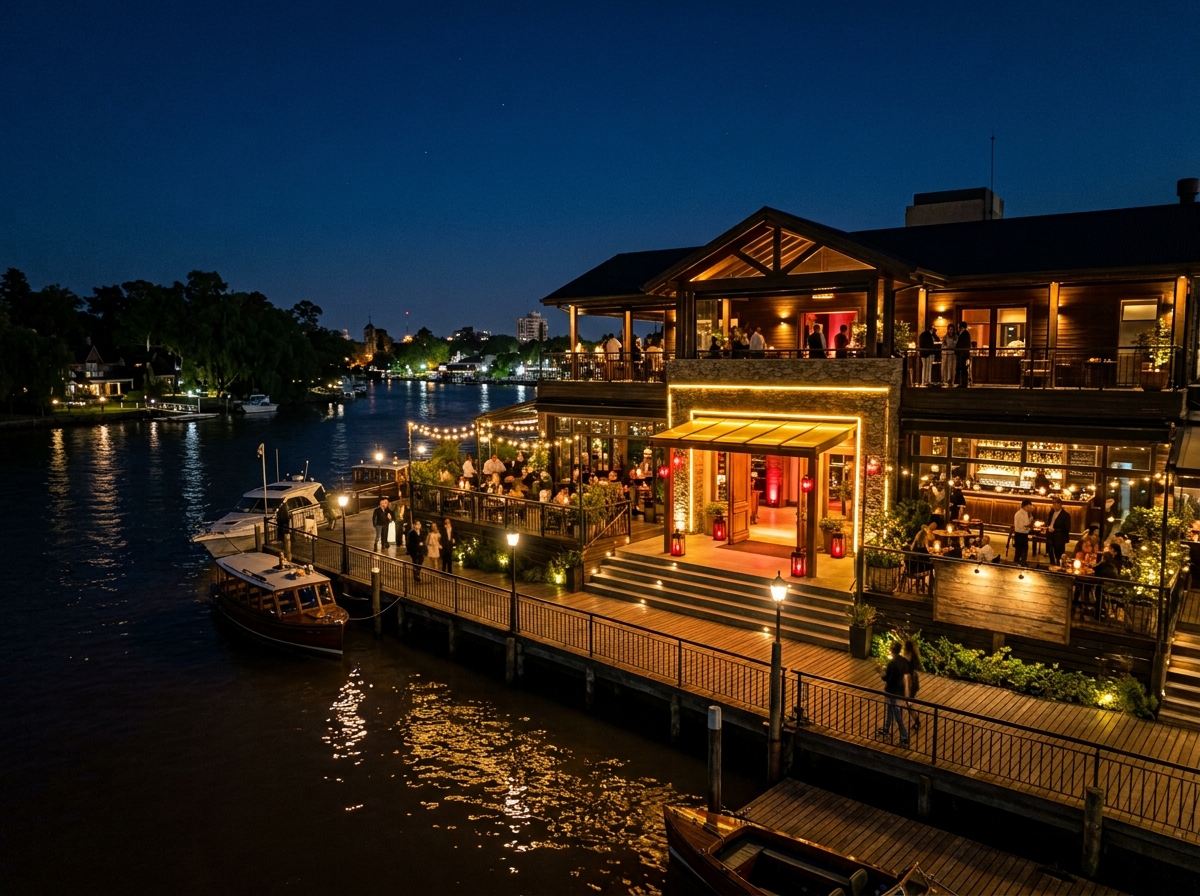 Sophisticated riverside entertainment venue in Tigre at night
