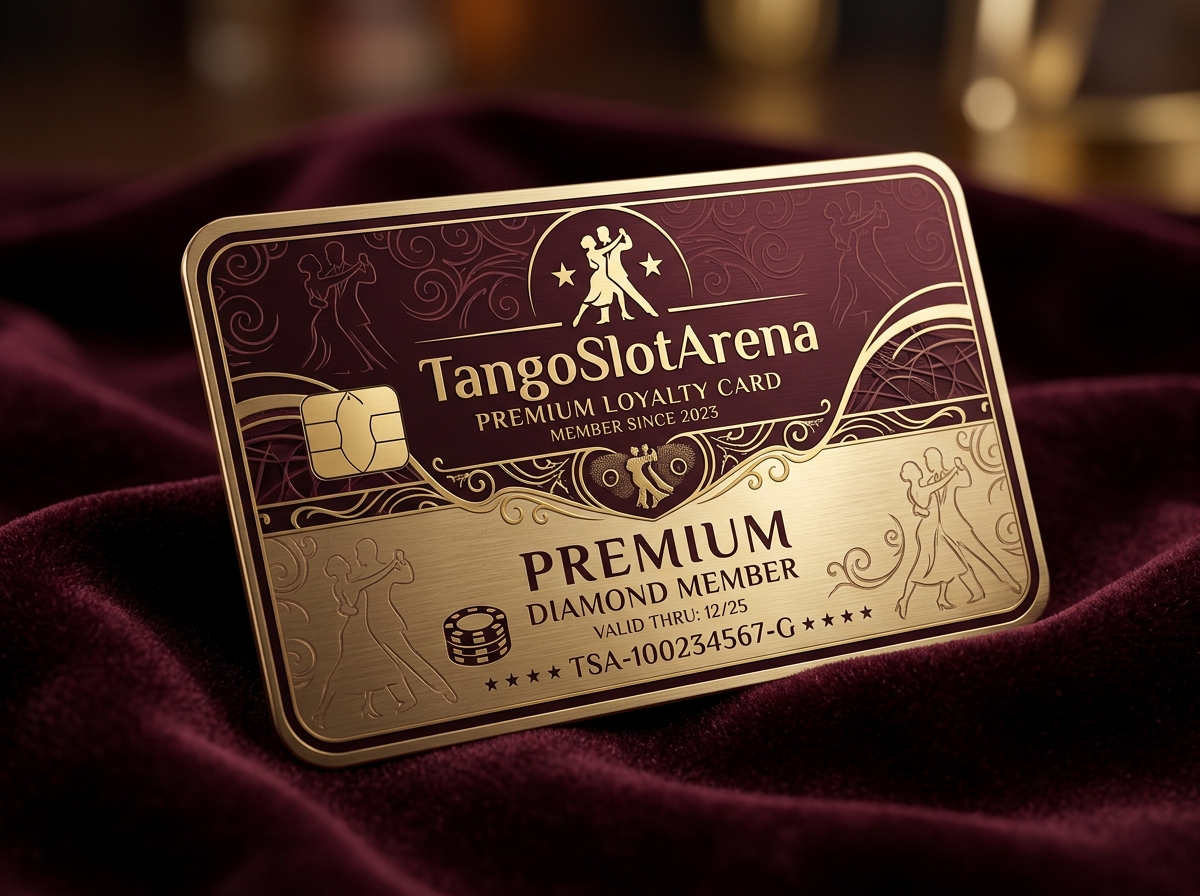 Burgundy and gold TangoSlotArena membership card on dark velvet