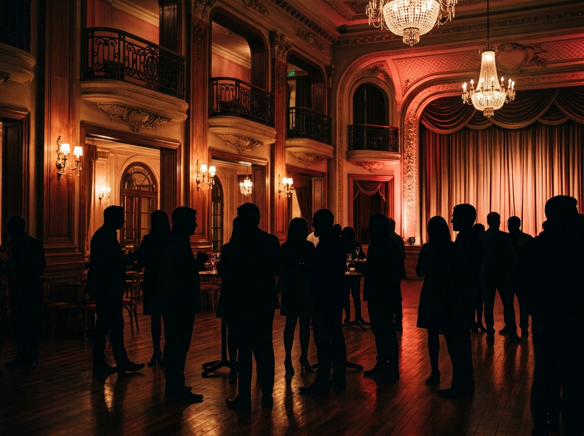 Elegant weekend event atmosphere inside an Argentine entertainment hall