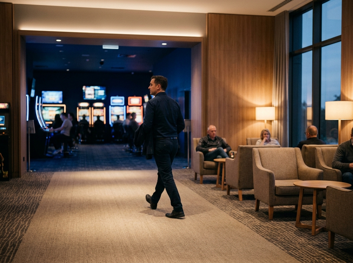 Adult visitor stepping away from a gaming hall toward a calm lounge
