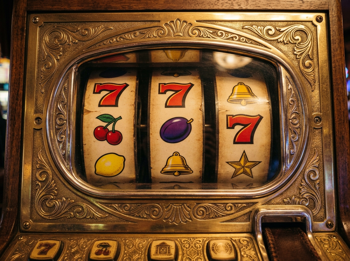 Premium classic three-reel slot machine in warm gold and burgundy lighting