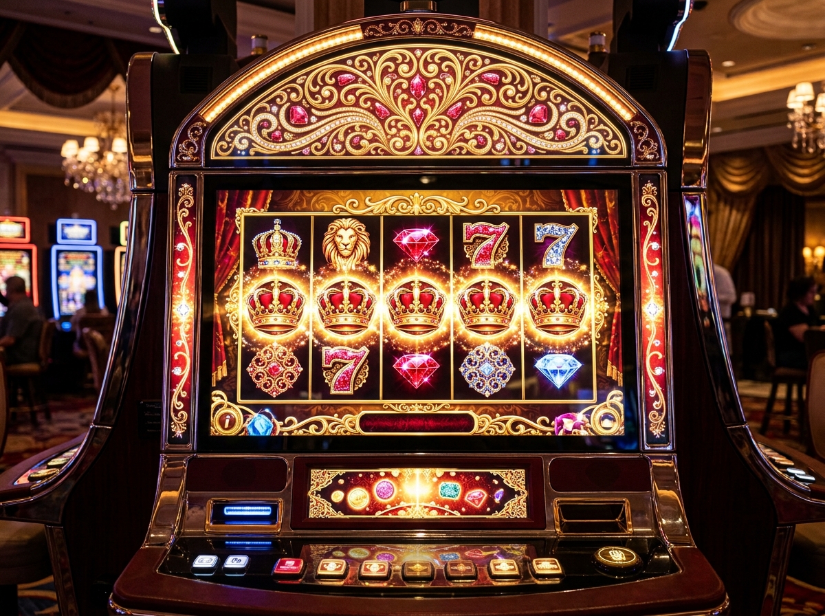 Premium jackpot-style slot display with elegant golden lights and dark red accents