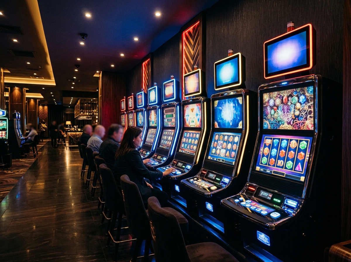 Row of modern video slot machines in a refined dark entertainment hall